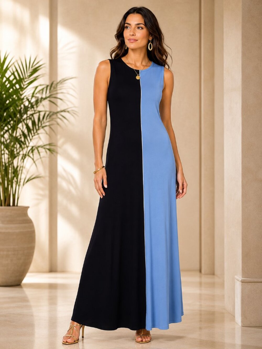 Karen Kane Colorblock Maxi Dress Navy Blue Sleeveless Size L Elegant Flow NEW